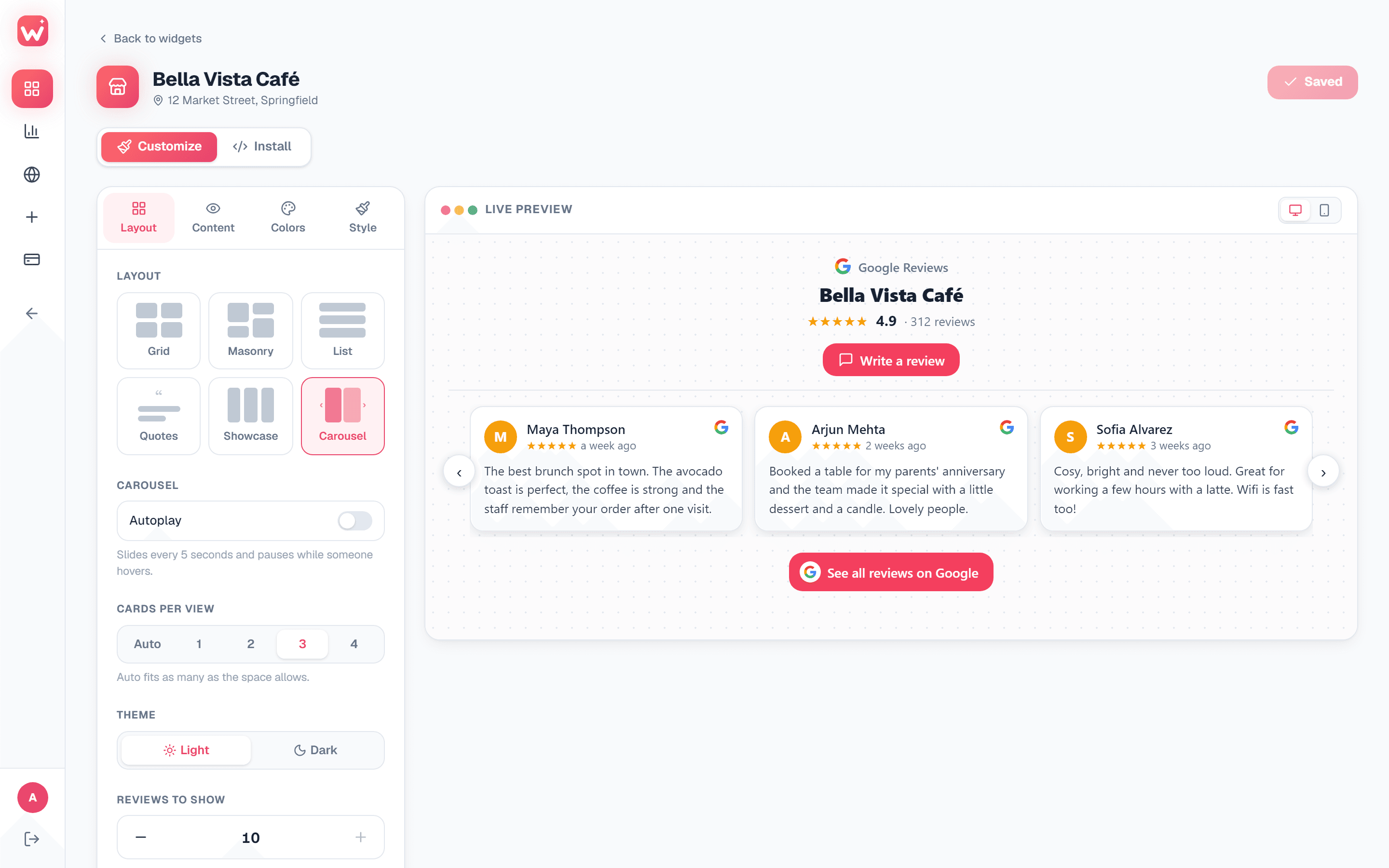 The widget editor: layout options on the left, a live preview of a review carousel on the right