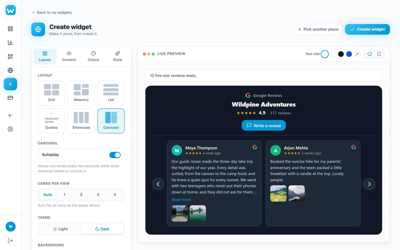 A Google reviews carousel in the dark theme