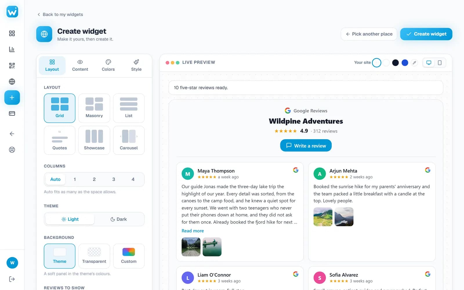 The widget editor beside a live preview of the Google reviews
