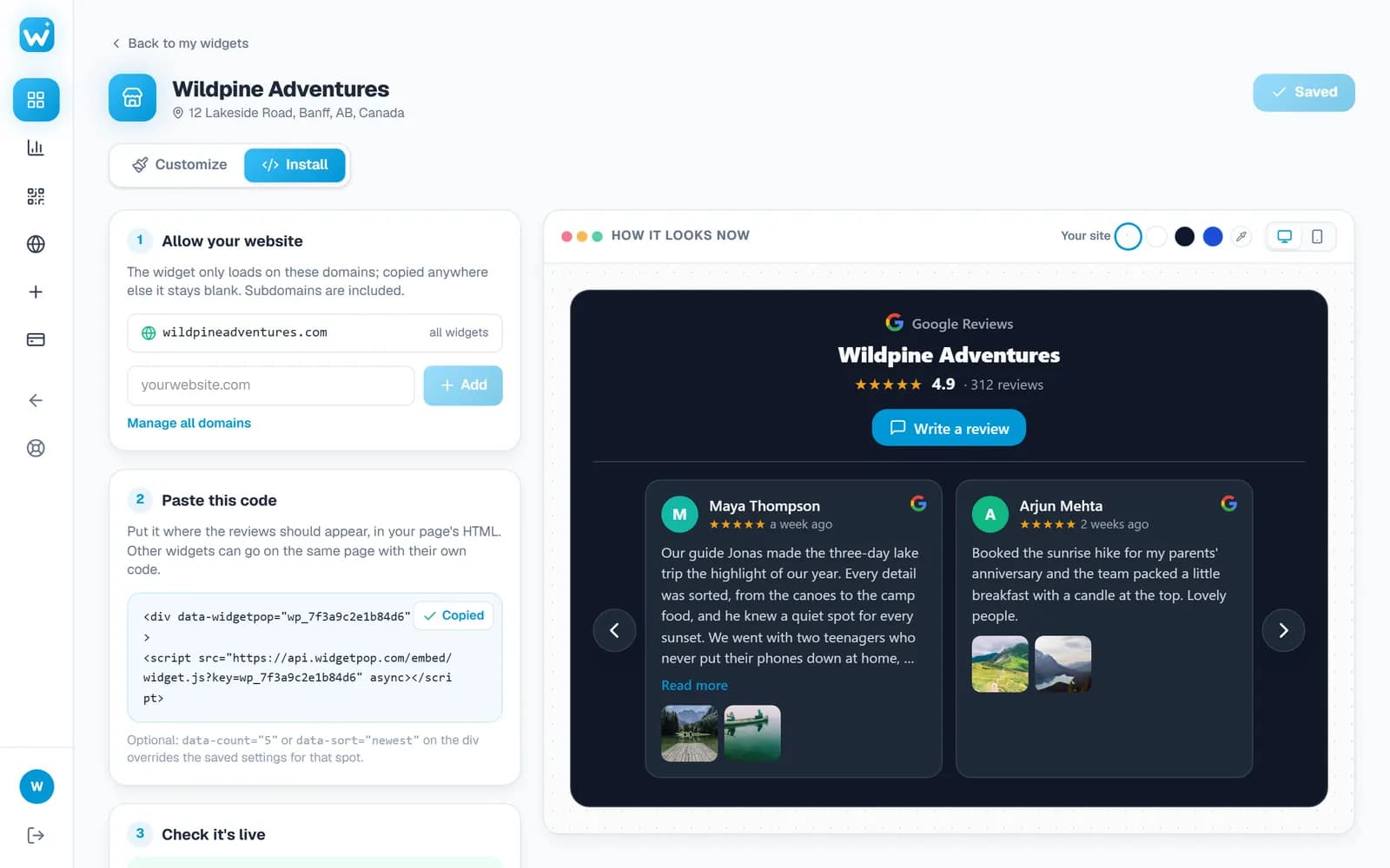 The Install tab with the allowed website and the embed code to copy