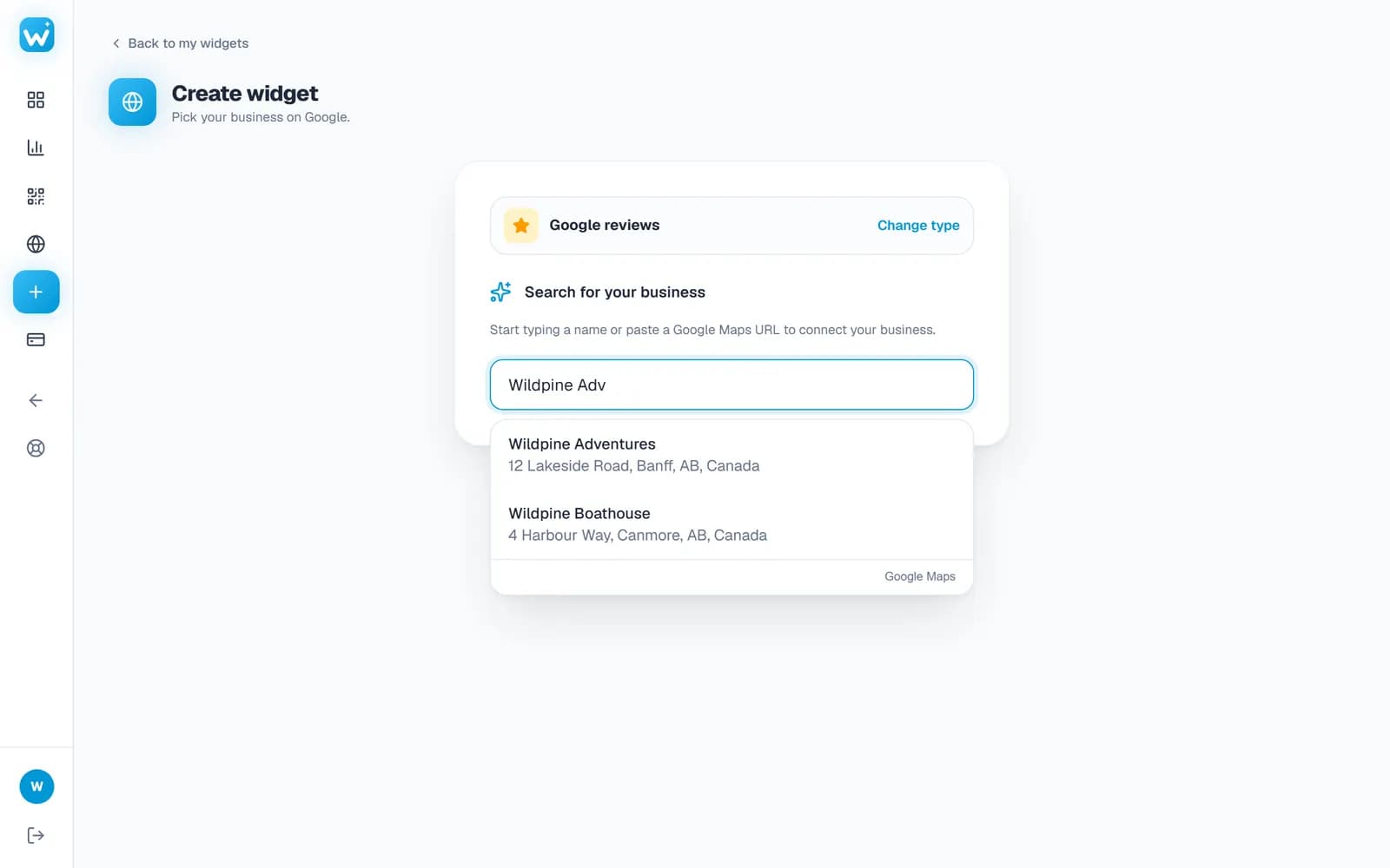 Searching for a business by name in the Create widget screen