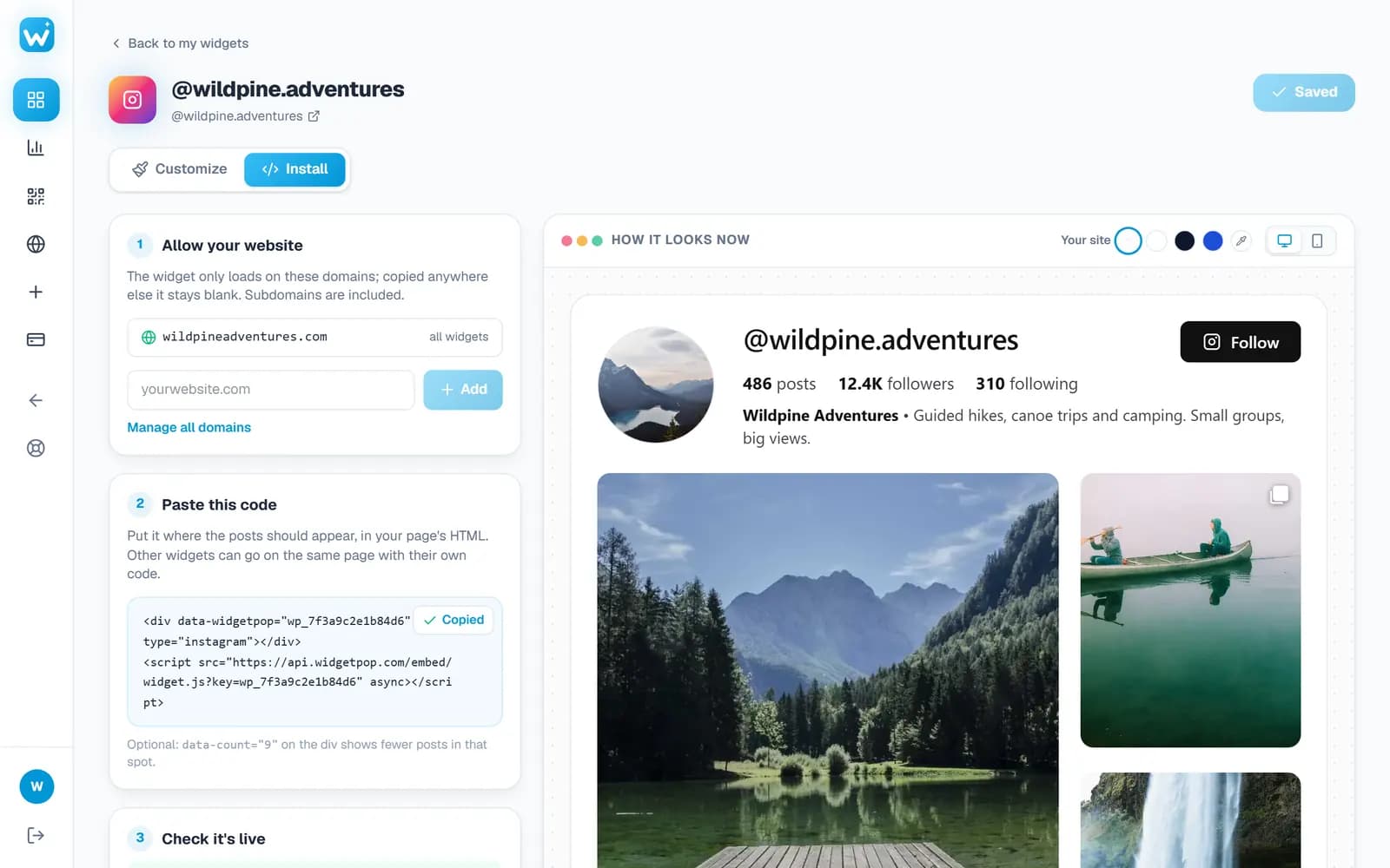 The Install tab with the embed code for the Instagram feed