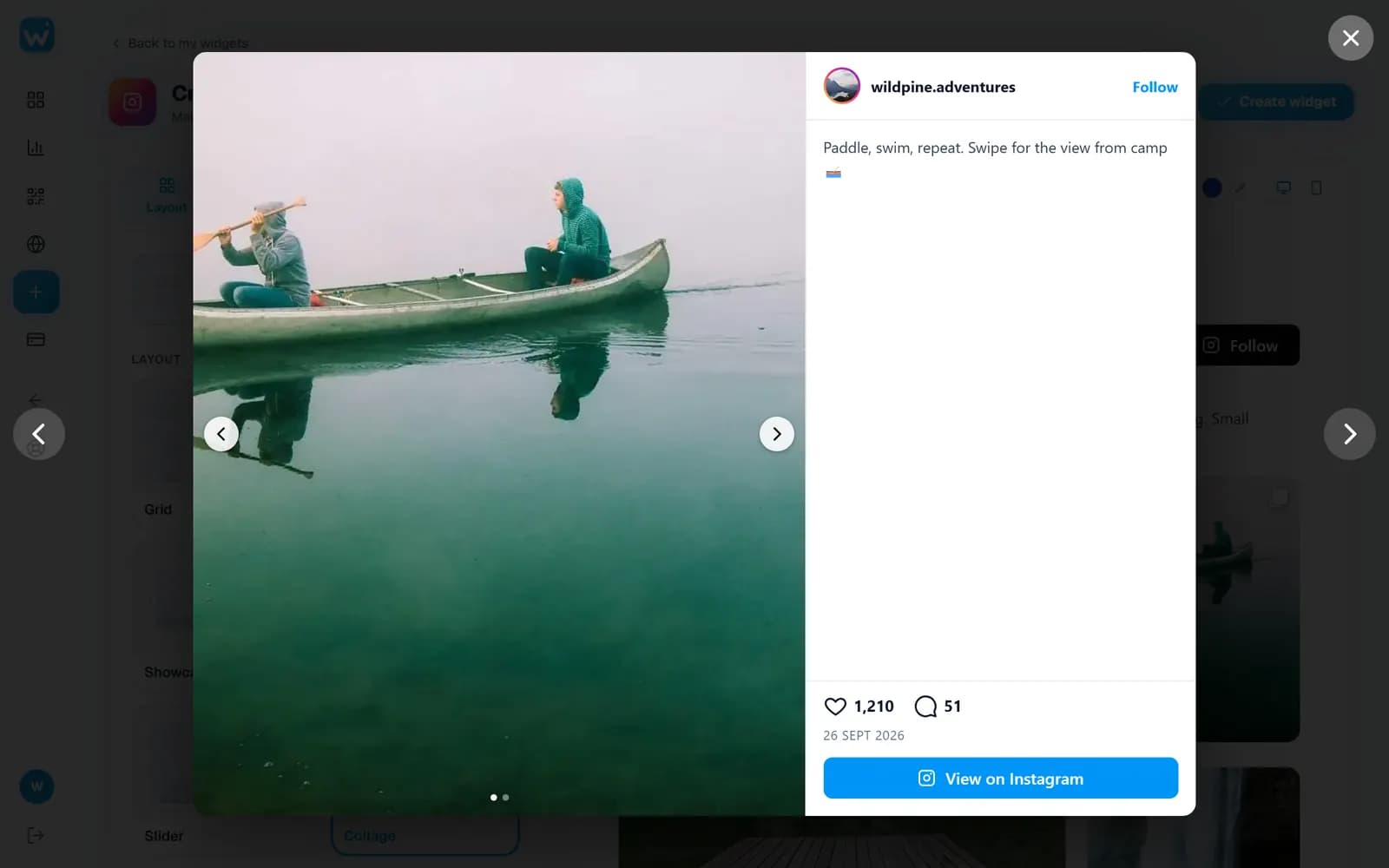 An Instagram post open in a popup