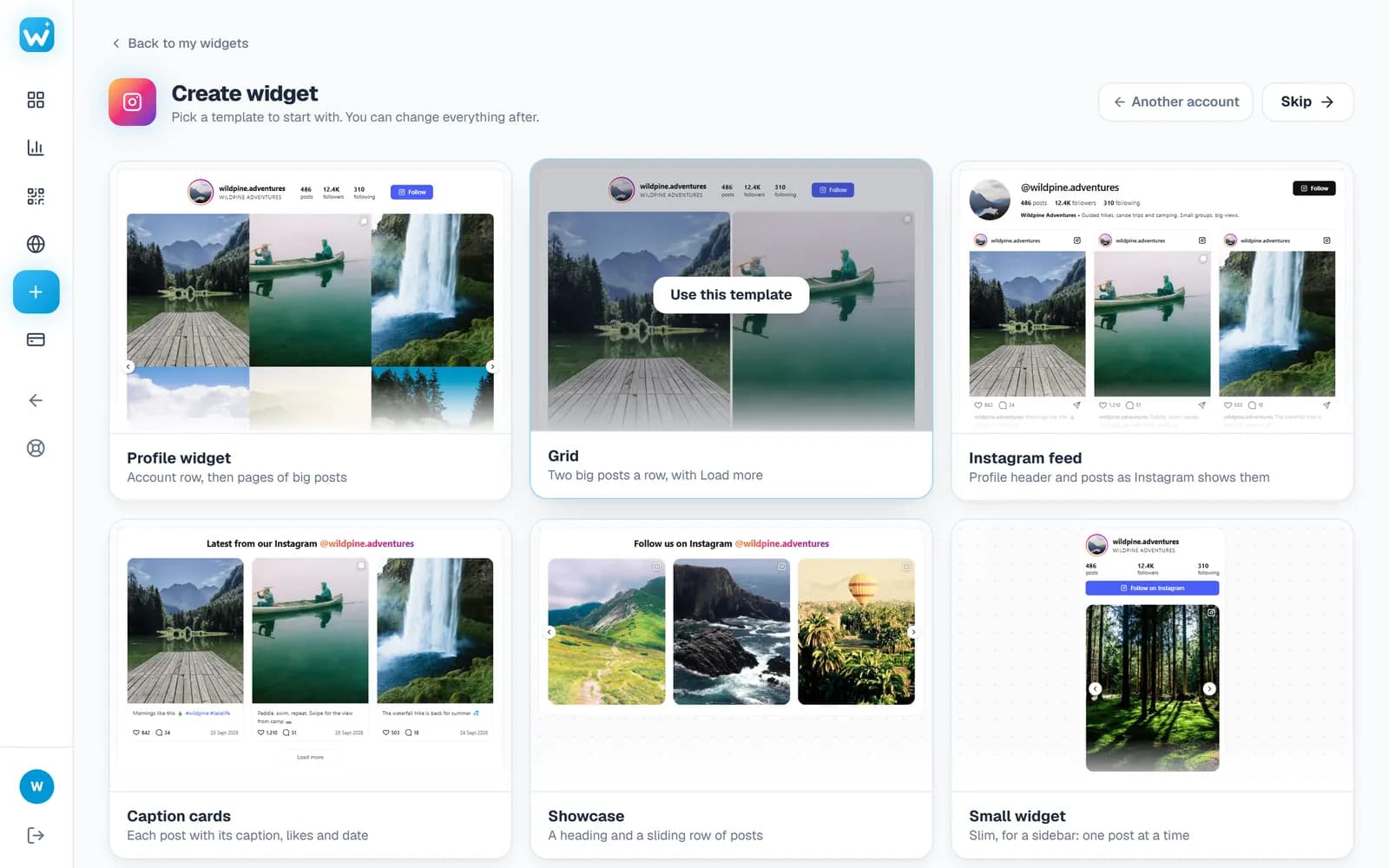 Templates for the Instagram feed, each shown with the account's own posts
