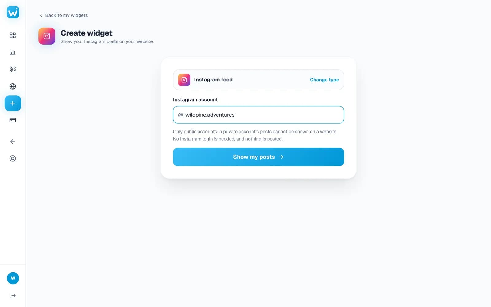 Typing an Instagram username in the Create widget screen